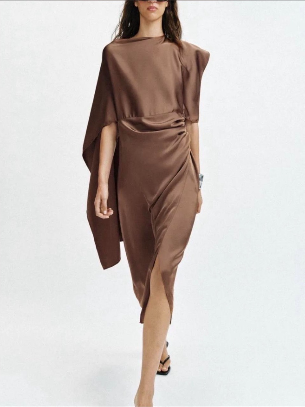 Zara Brown Draped Midi Dress with Cape Detail
